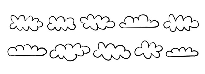 Fototapeta premium Black crayon cloud shapes collection. Hand drawn doodle set. Rough scribbled clouds bundle. Childish textured sketched element pack for banner, poster, collage, sticker. Vector cute comic dialogue