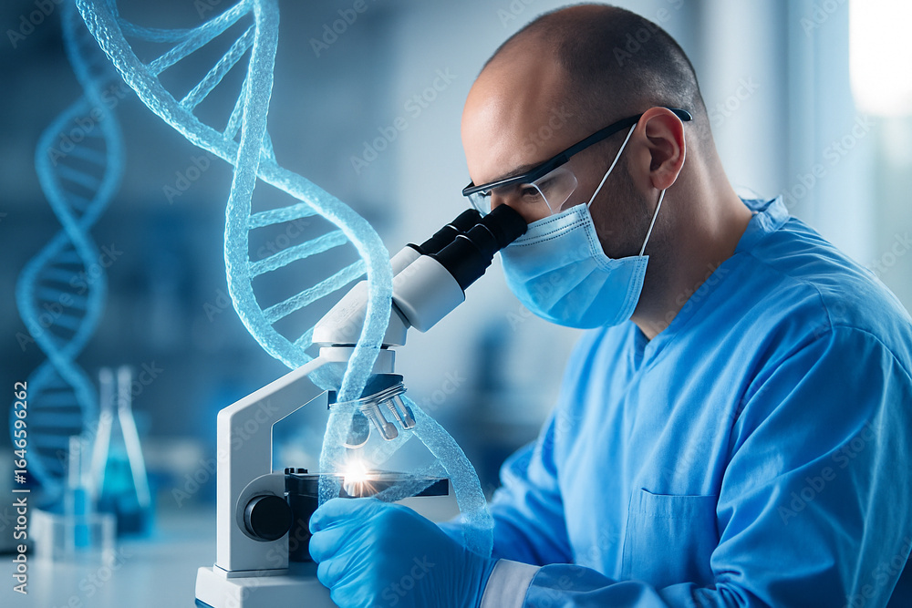 Aufkleber ai generated scientist using microscope in advanced genetics lab with glowing dna strands representi