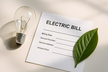 Electric Bill Document with Light Bulb and Green Leaf on White Surface