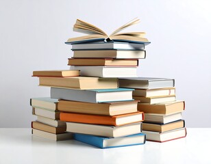 A stack of hardcover books sits on a white surface against a light gray background, one book is open