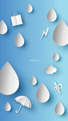Raindrop background template for sale. Monsoon sale templates. Rainy season. paper cut and craft style. vector, illustration.