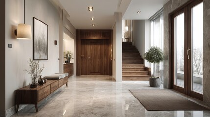 Luxury interior design of modern entrance hall with door and staircase in villa.