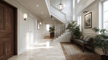 Luxury interior design of modern entrance hall with door and staircase in villa.