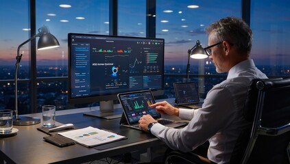 Analyzing Financial Data Late into the Night: A Businessman at His Desk Reviewing Charts and Graphs...