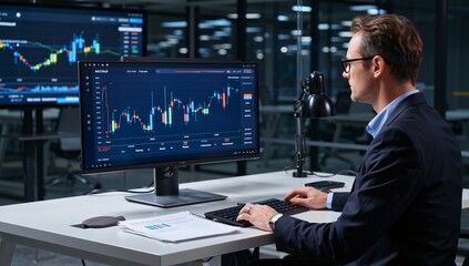 Analyzing Financial Markets: A Professional Trader Navigating Complex Data and Trends on his Computer Screen with Charts, Graphs, and Real-time Market Information.