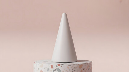 Minimalist Composition White Cone on Terrazzo Pedestal Against a Pastel Background Creates a Serene and Modern Aesthetic