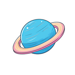 Cartoonstyle blue planet with pink and peach ring system outlined in dark blue © Illahstd