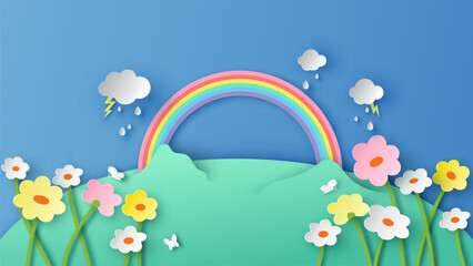 Flower meadow in spring. Spring natural landscape. paper cut and craft style. vector, illustration.