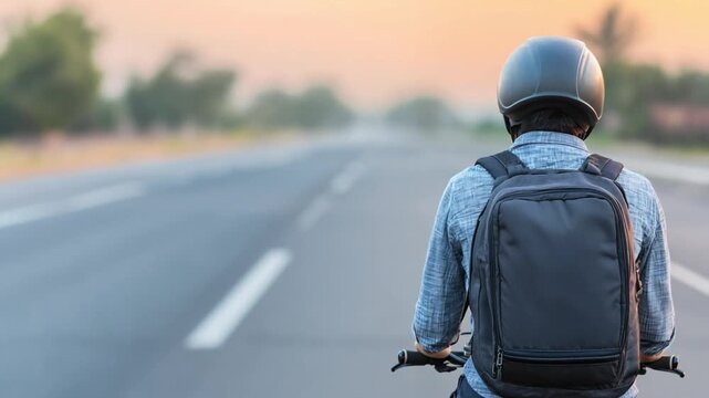 Person with backpack standing on empty road during daylight with trees in background