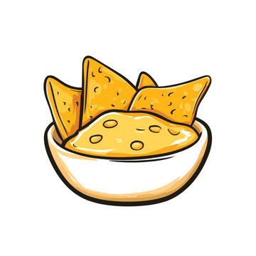 Cartoonstyle bowl of cheese dip with tortilla chips featuring a bold outline and bright colors