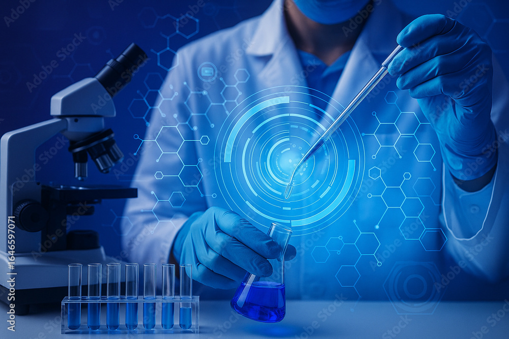 Poster ai generated image of a scientist in gloves using a pipette with microscope and test tubes in a high