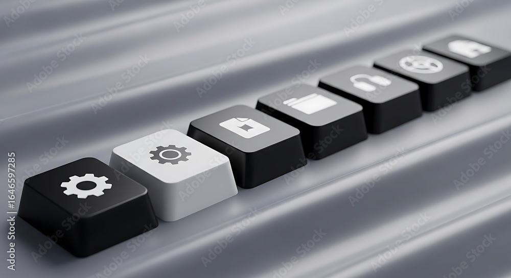 Poster row of technology icons on computer keys representing digital services