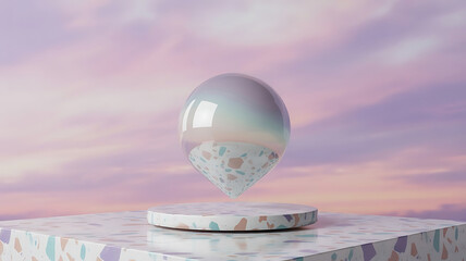 Dreamy Aesthetic Product Display Platform with Terrazzo Texture and Pearlescent Transparent Geometric Shape against Pastel Sky Backdrop