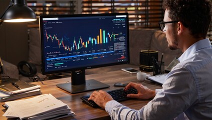 Analyzing Financial Markets: A Young Professional Studies Stock Charts on a Computer Screen, Navigating Investments and Planning Financial Strategies at His Desk.