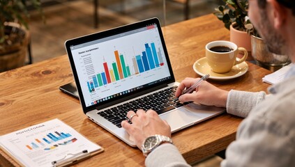 Analyzing Market Trends: A man reviews data charts on his laptop over coffee, strategizing business growth and future financial planning.