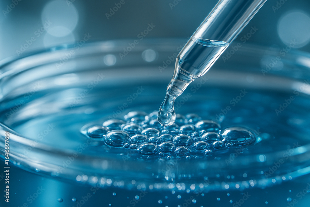 Aufkleber ai generated macro image of a clear pipette releasing a droplet into blue liquid forming bright bubb
