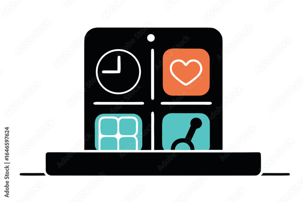 Aufkleber digital interface with clock heart grid and search icons on white background time love