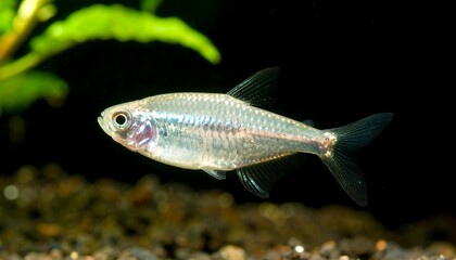 Naklejka premium A translucent, small fish swims in an aquarium setting
