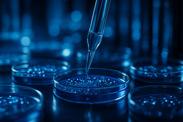 AI generated close up view of pipette dispensing liquid into petri dish with glowing particles in blue tone symbolizing advanced scientific research and biotechnology innovation