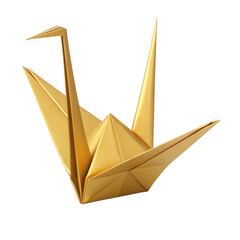 Golden origami crane isolated on transparent background