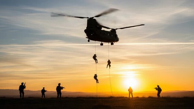Special forces soldiers rappel from a military helicopter during a dramatic sunset, showcasing a highstakes operation at dusk