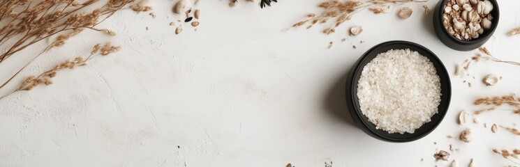 This serene flat lay features salt and oats in elegant black bowls, surrounded by natural elements. Ideal for wellness, cooking, and home decor concepts.