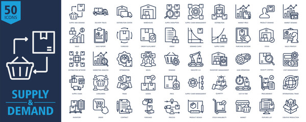 Supply and Demand Icon Set Outline with supply and demand, delivery truck, distribution center, warehouse, supply disruption, supply chain management, distribution