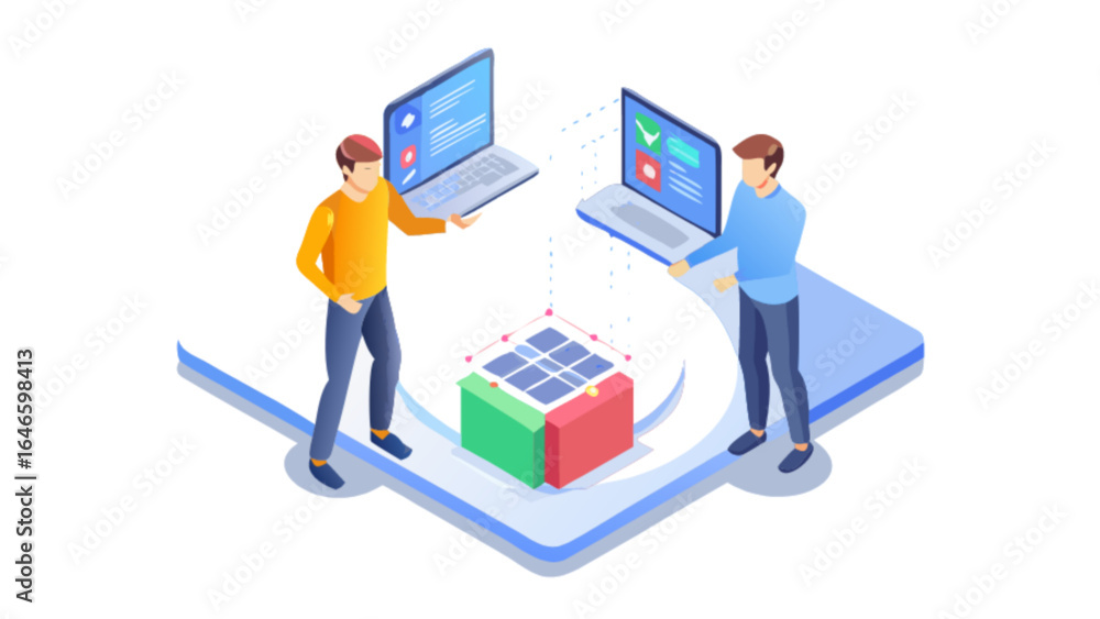Aufkleber isometric collaboration software development team working on project with laptops and cube model