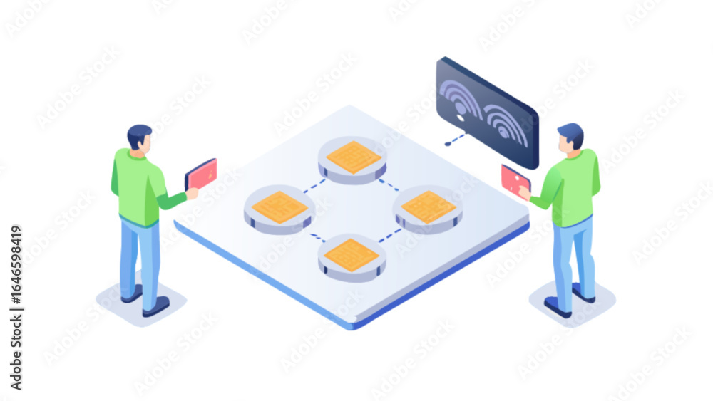 Poster isometric network diagram with wifi signal and people using devices for connection and communication