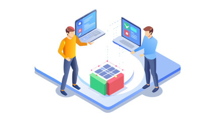 Isometric collaboration software development team working on project with laptops and cube model