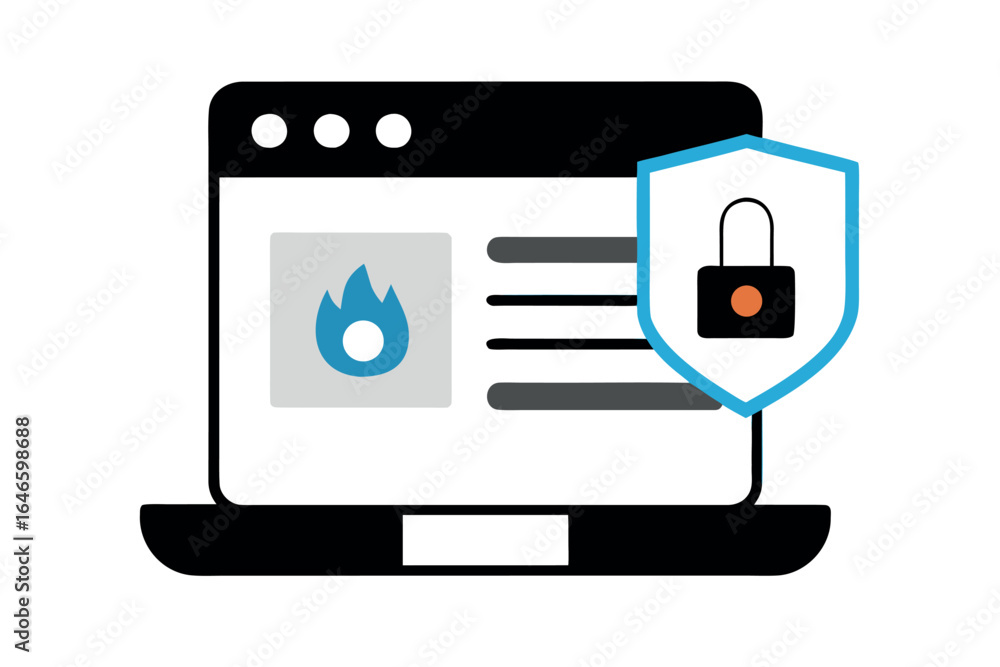 Poster laptop screen with security shield and lock icon on white background computer