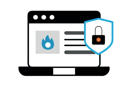 Laptop screen with security shield and lock icon on white background computer
