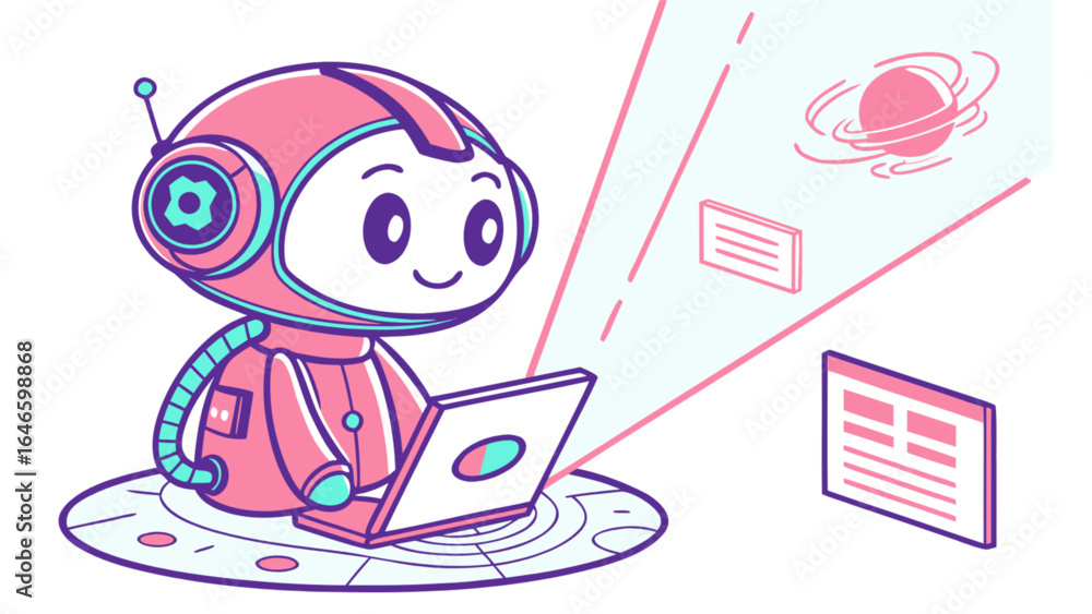 Poster cute robot cartoon character working on laptop with space elements vector illustration design concep