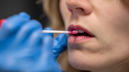 Close-up of a woman applying lip gloss with a cotton swab, showcasing beauty and care.