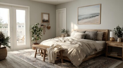 Minimalist bedroom with neutral tones, clean lines and Scandinavian-inspired decor.