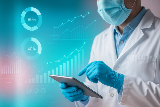 AI generated image of medical professional using digital tablet with holographic charts and graphs representing advanced data analysis and healthcare technology