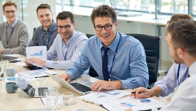 Collaborative Teamwork: A group of Professionals Analyzing Data and Brainstorming Ideas in a Meeting for Future Business Strategies.