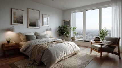 Minimalist bedroom with neutral tones, clean lines and Scandinavian-inspired decor.