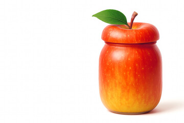 Creative apple-shaped jar with lid and green leaf on white background