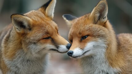 Fototapeta premium Two adorable red foxes sharing a gentle moment in nature.