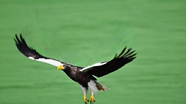 Majestic Steller's sea eagle soaring above green field in stunning flight video
