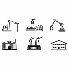 Collection of industrial factory and construction icons representing manufacturing isolated on white background