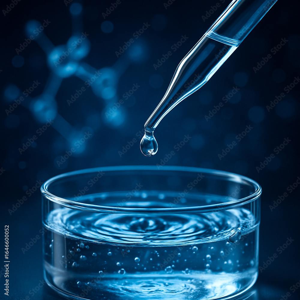 Aufkleber ai generated macro view of pipette drop falling into clear liquid with molecular graphics in blue ba