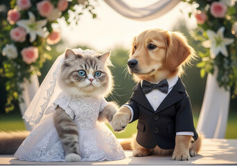 Whimsical wedding portrait of a cat and dog in bridal gown and tuxedo under a floral arch — a charming, humorous pet scene for cards and designs.