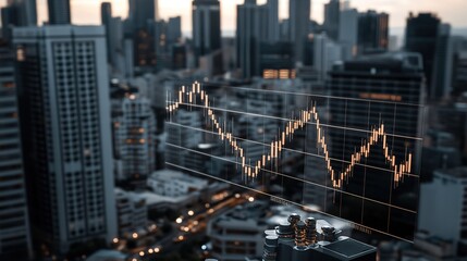 Digital stock market chart with glowing orange data points displayed over a blurred modern city skyline at dusk