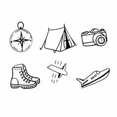 Travel icons set with compass, tent, camera, boot, airplane and speedboat isolated on white background
