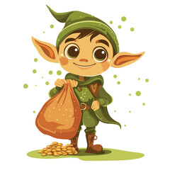 Cheerful Cartoon Elf Holding a Bag of Treasure with Golden Coins