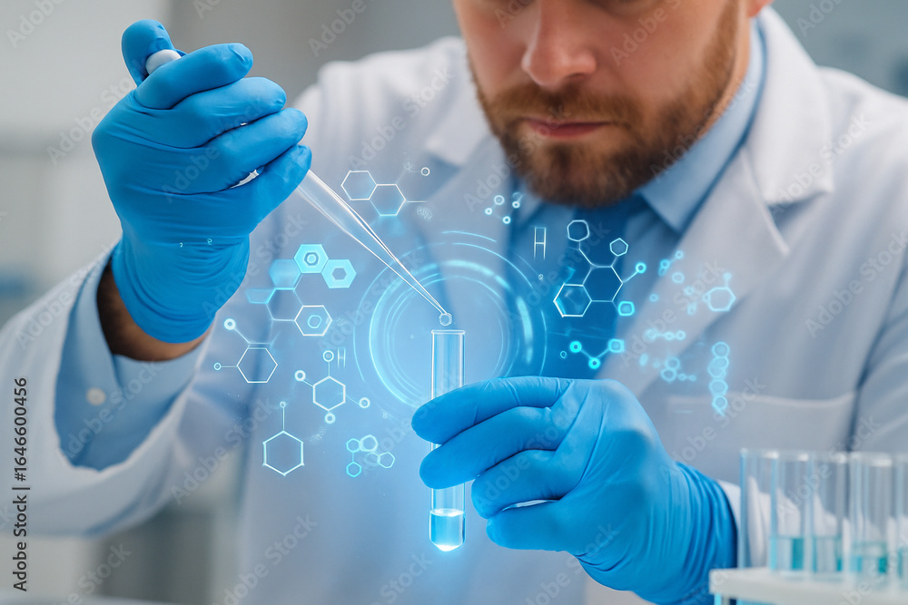 Aufkleber ai generated scientist in lab coat and gloves using pipette with glowing holographic molecular struc
