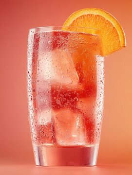 cold drink in a cocktail glass. The glass has hyperrealistic condensation. The drink is topped with an orange slice. Commercial photography