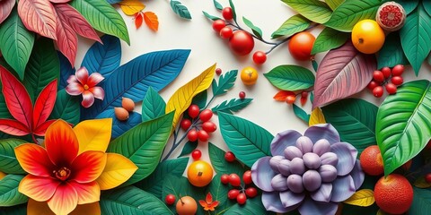 Intricate paper cut design featuring vibrant tropical leaves and juicy fruits, showcasing exotic details, background, monstera
